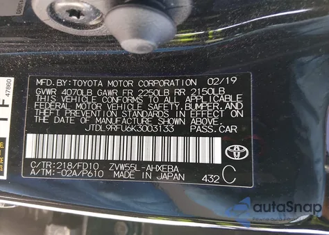 2019 Toyota Prius Le from USA, damaged, VIN JTDL9RFU6K3003133